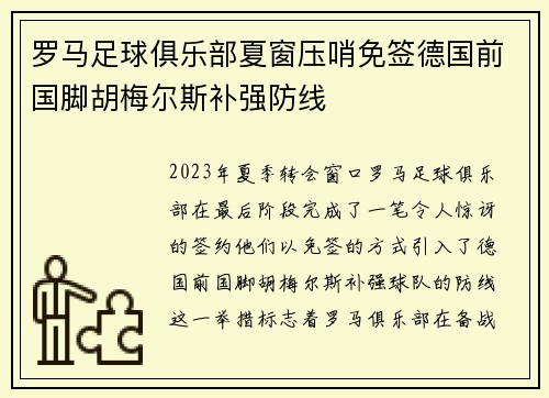 罗马足球俱乐部夏窗压哨免签德国前国脚胡梅尔斯补强防线 罗马足球俱乐部夏窗压哨免签德国前国脚胡梅尔斯补强防线