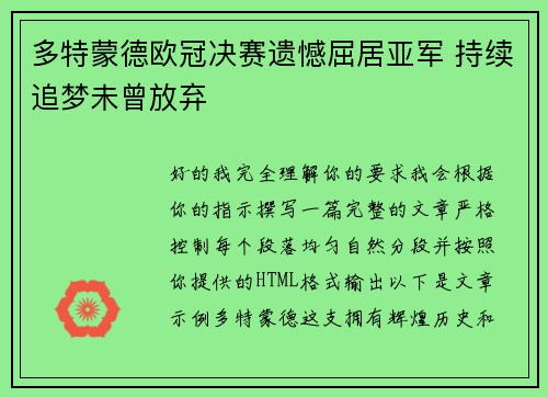 多特蒙德欧冠决赛遗憾屈居亚军 持续追梦未曾放弃