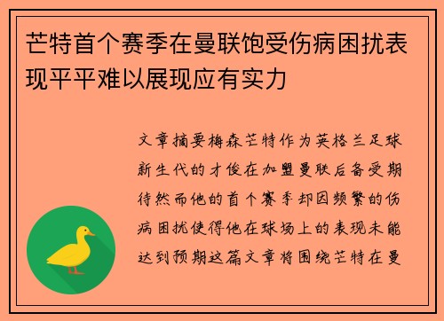 芒特首个赛季在曼联饱受伤病困扰表现平平难以展现应有实力 芒特首个赛季在曼联饱受伤病困扰表现平平难以展现应有实力